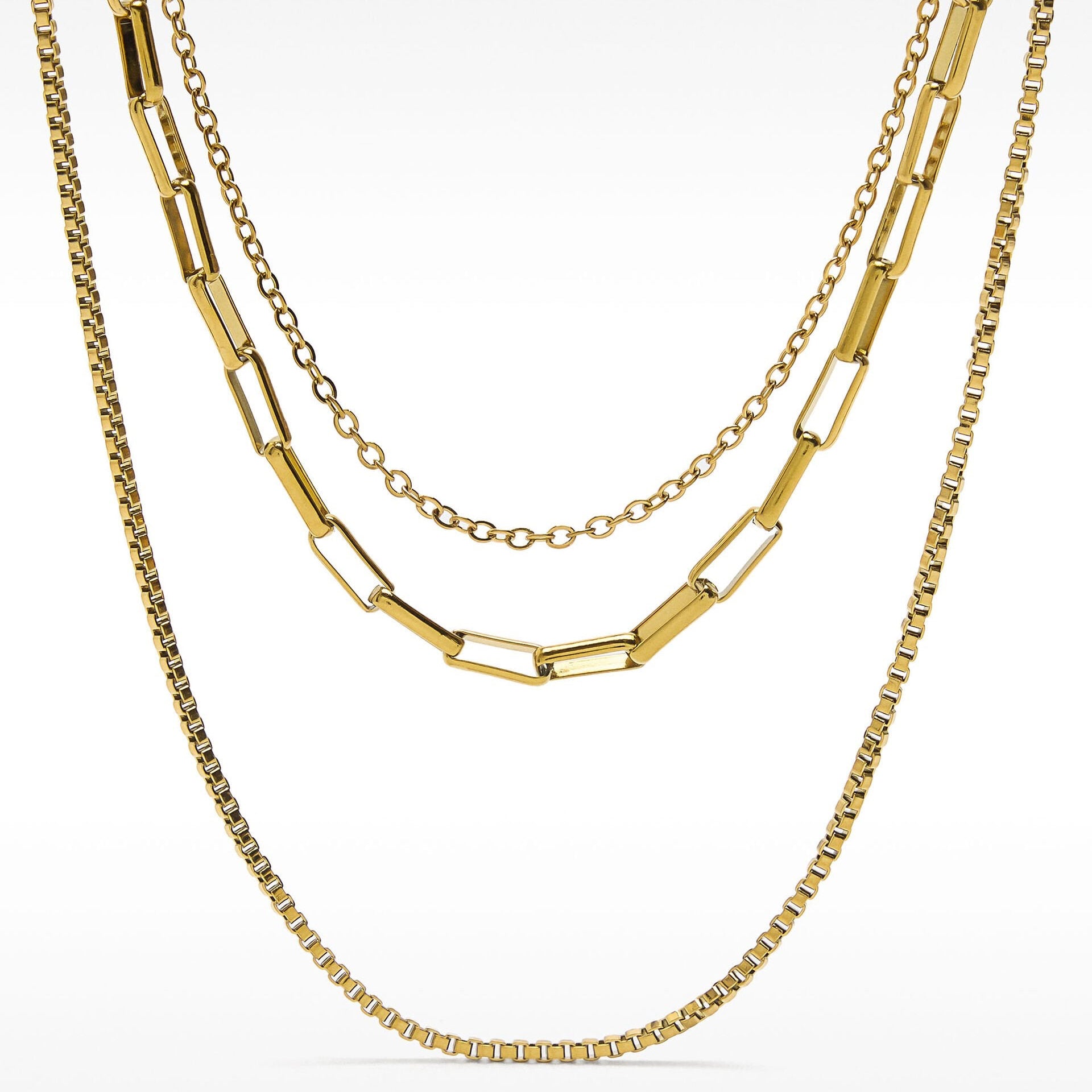 Collier multi-chaînes en acier inoxydable plaqué or 18K