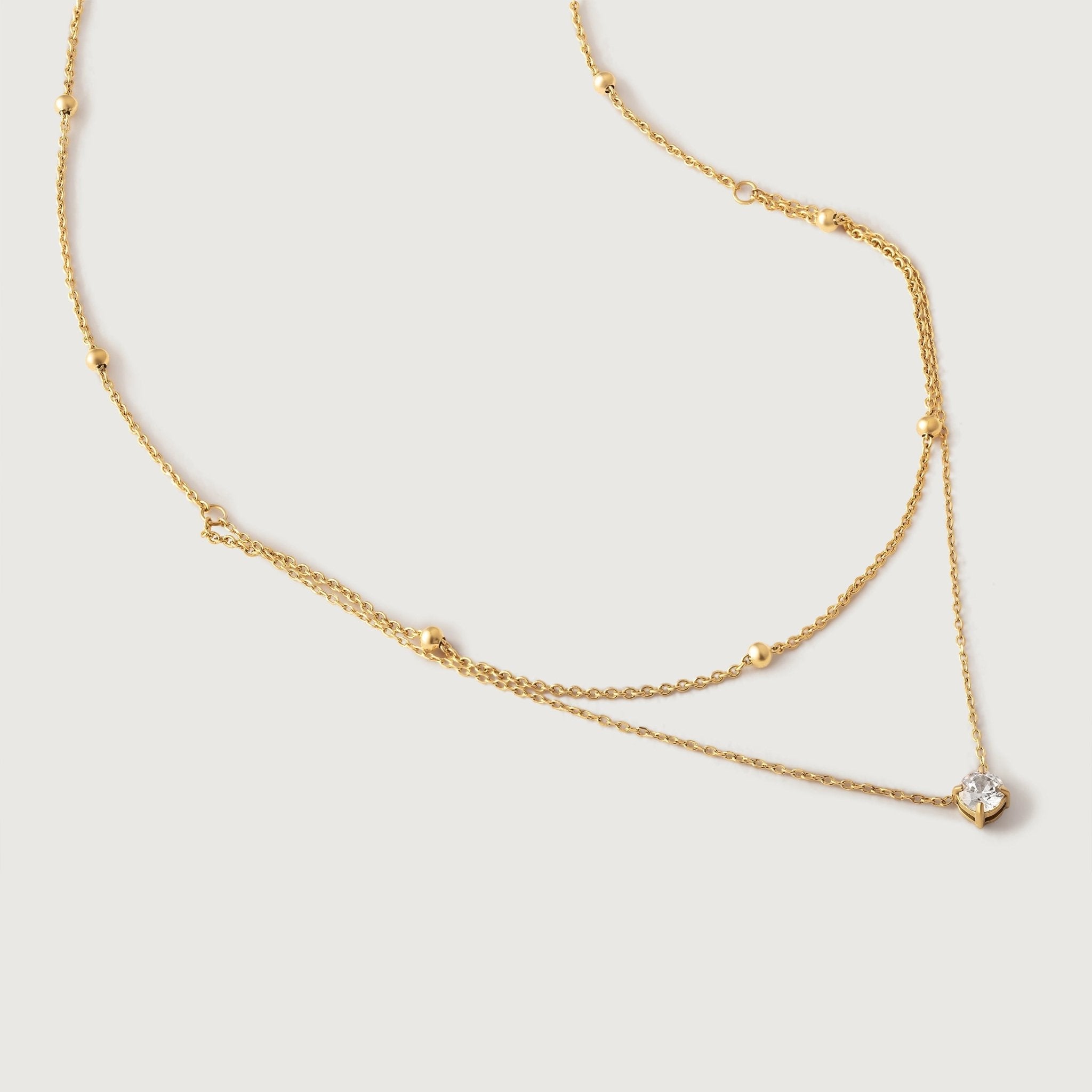 Collier Double Chaîne & Pendentif Zircon Brillant en Acier Inoxydable Plaqué Or 18K - ABABEL